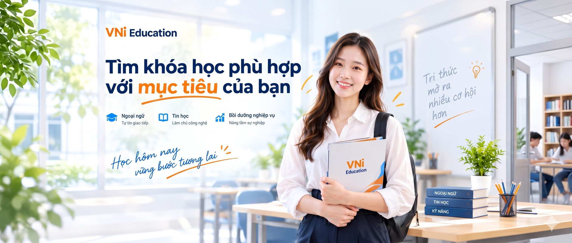 VNi Education – Tìm khóa học phù hợp với mục tiêu của bạn: Ngoại ngữ, Tin học, Bồi dưỡng nghiệp vụ. Giảng viên VNi mỉm cười ôm tài liệu VNi Education. Học hôm nay, vững bước tương lai.