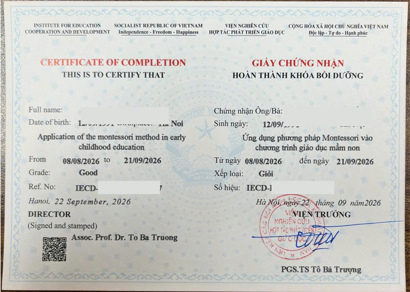 Mẫu chứng chỉ Ứng dụng phương pháp Montessori vào chương trình giáo dục mầm non