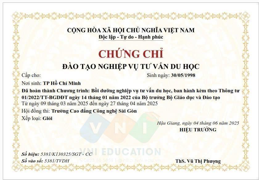Mẫu chứng chỉ Tư vấn du học