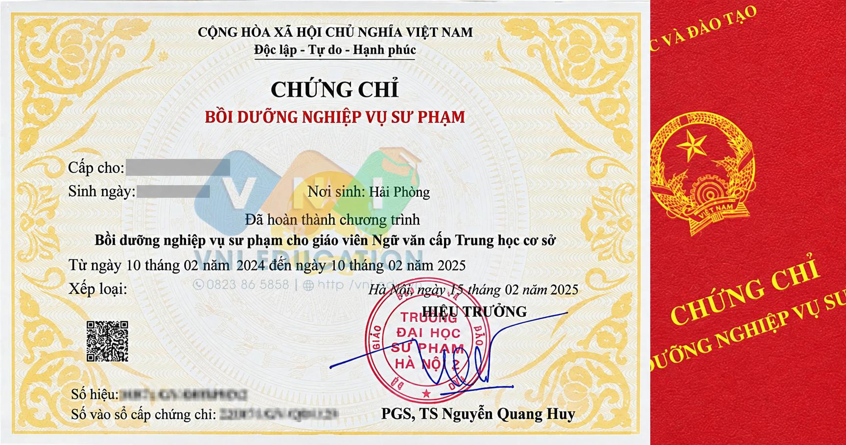 Mẫu chứng chỉ Nghiệp vụ sư phạm giáo viên THCS/THPT