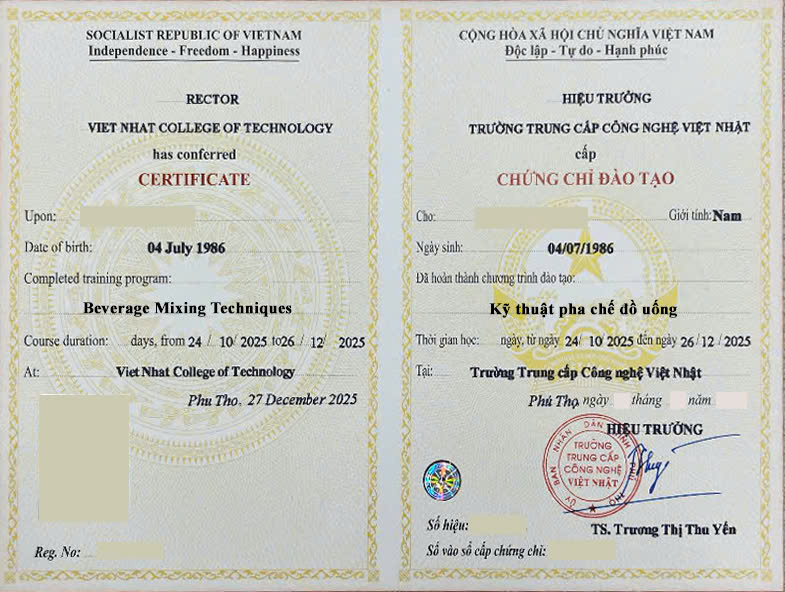 Mẫu chứng chỉ Chứng chỉ Kỹ thuật pha chế đồ uống
