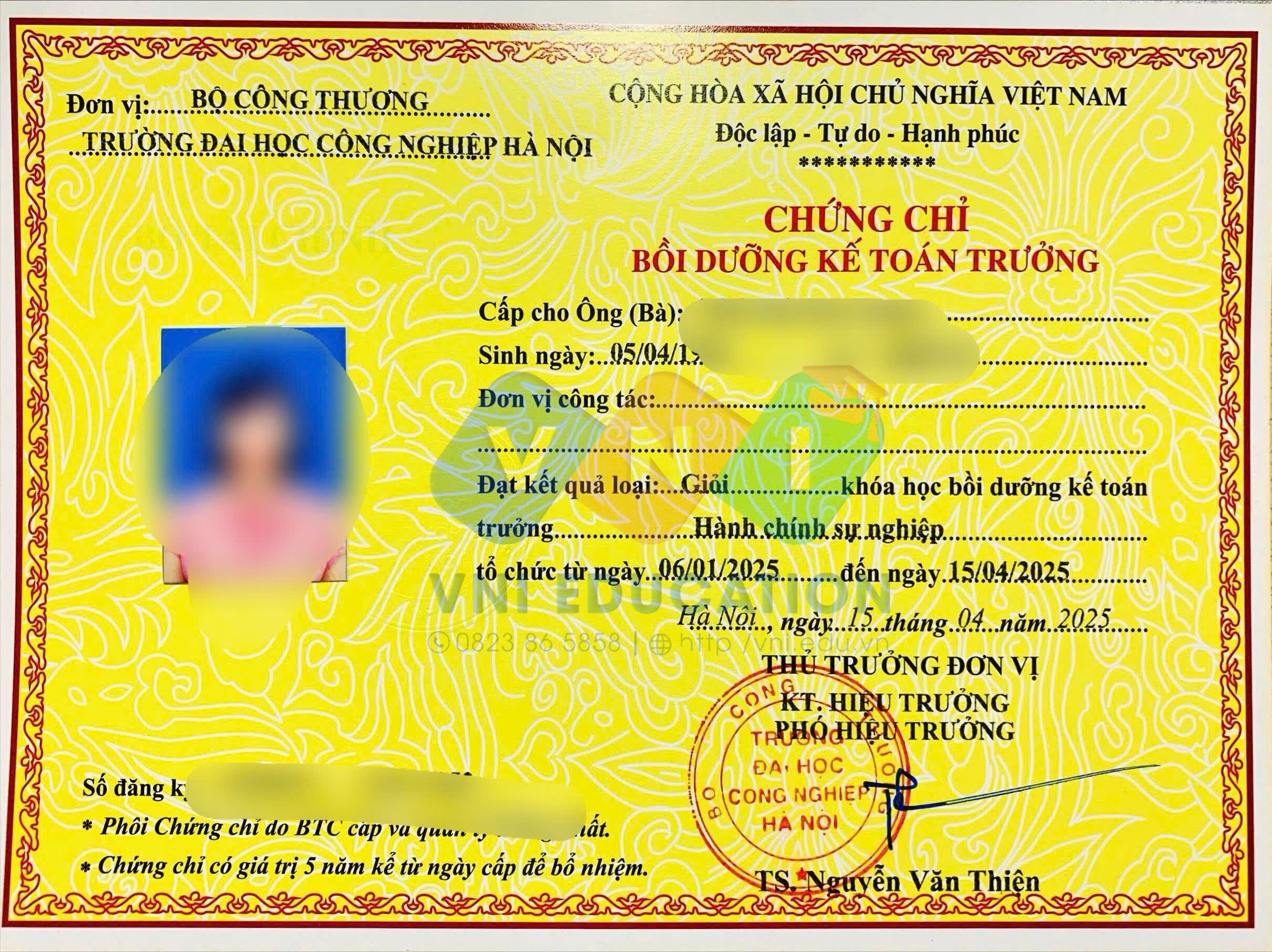 Mẫu chứng chỉ Bồi dưỡng Kế toán trưởng hành chính sự nghiệp