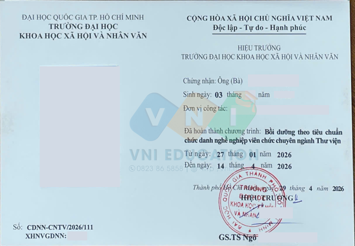 Mẫu chứng chỉ Bồi dưỡng theo tiêu chuẩn CDNN viên chức chuyên ngành Thư viện