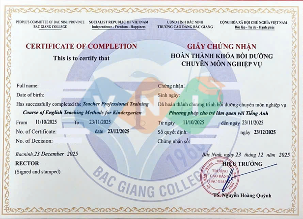 Mẫu chứng chỉ Bồi dưỡng Phương pháp cho trẻ làm quen với tiếng Anh