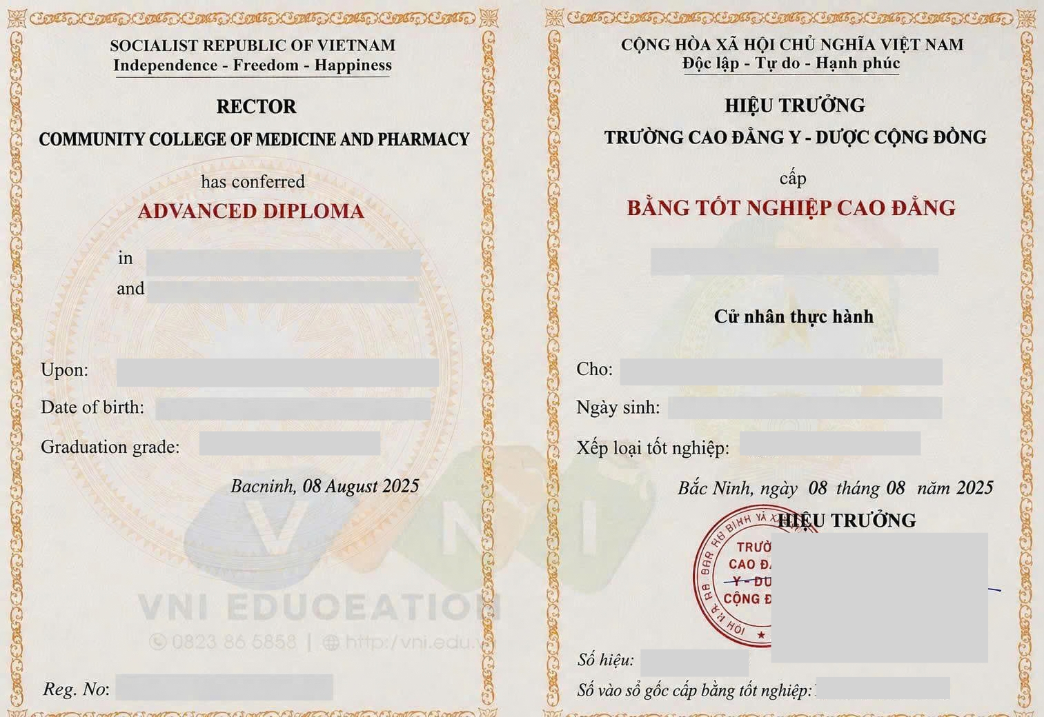 Mẫu chứng chỉ CĐ Ngành Điều Dưỡng