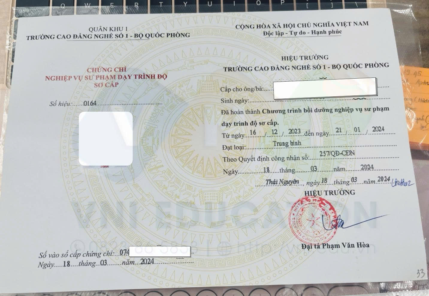 Mẫu chứng chỉ Nghiệp Vụ Sư Phạm dạy Nghề Sơ Cấp