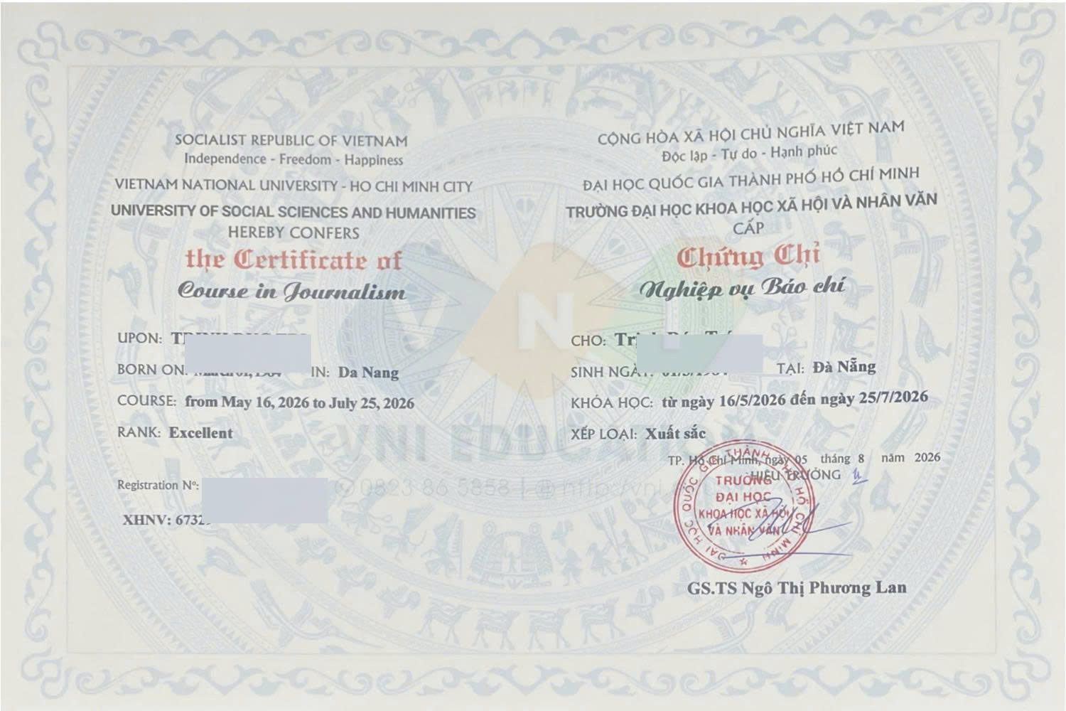 Mẫu chứng chỉ Nghiệp vụ Báo chí