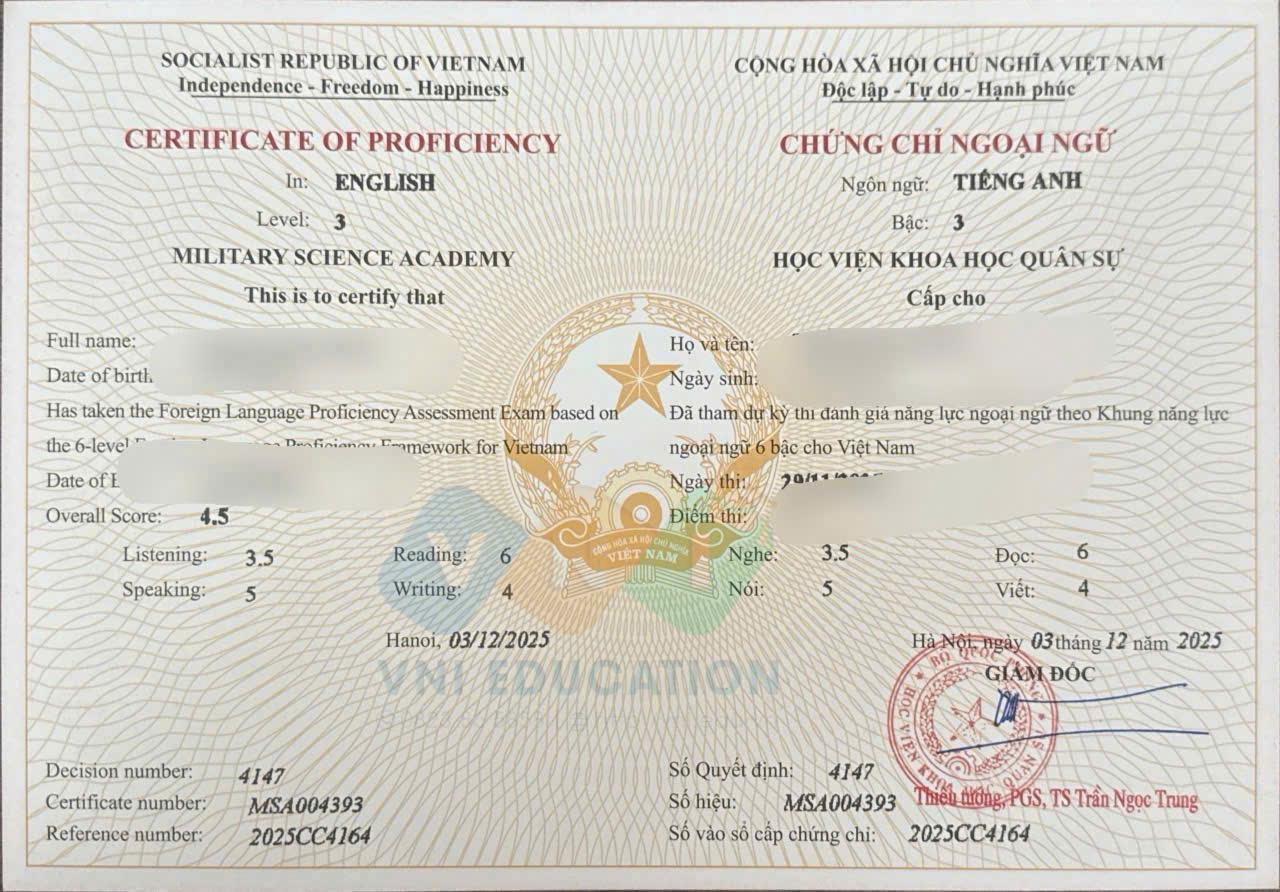 Mẫu chứng chỉ Chứng chỉ B1, B2 VSTEP