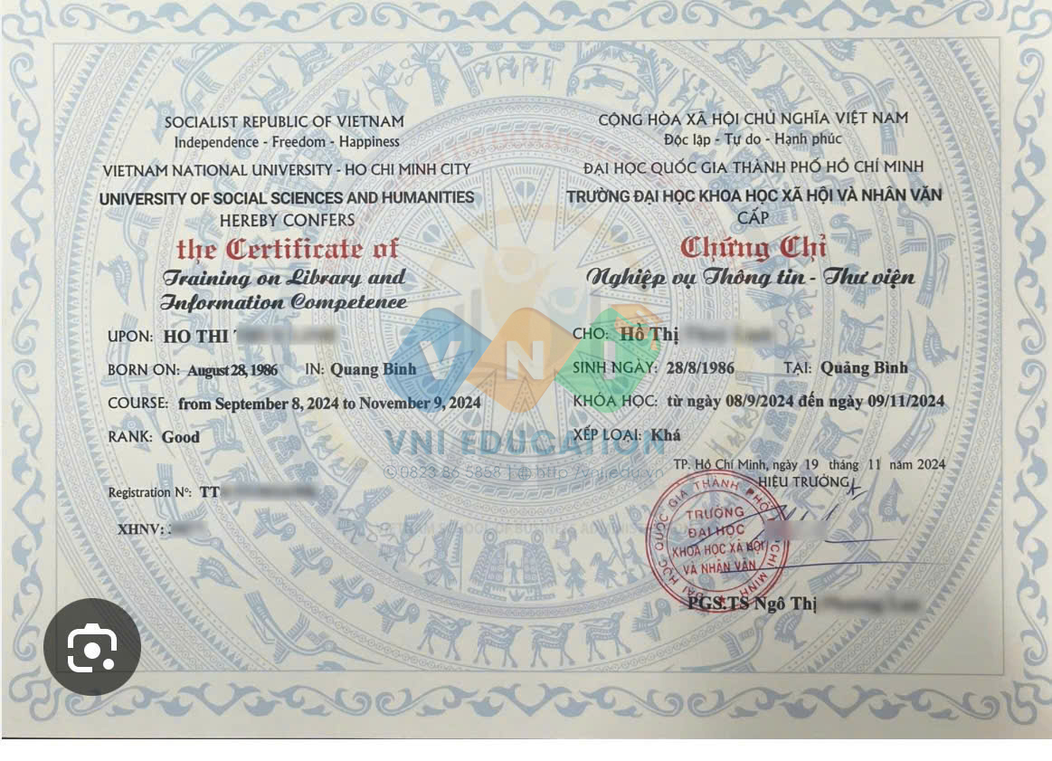 Mẫu chứng chỉ Nghiệp vụ Thông tin – Thư viện