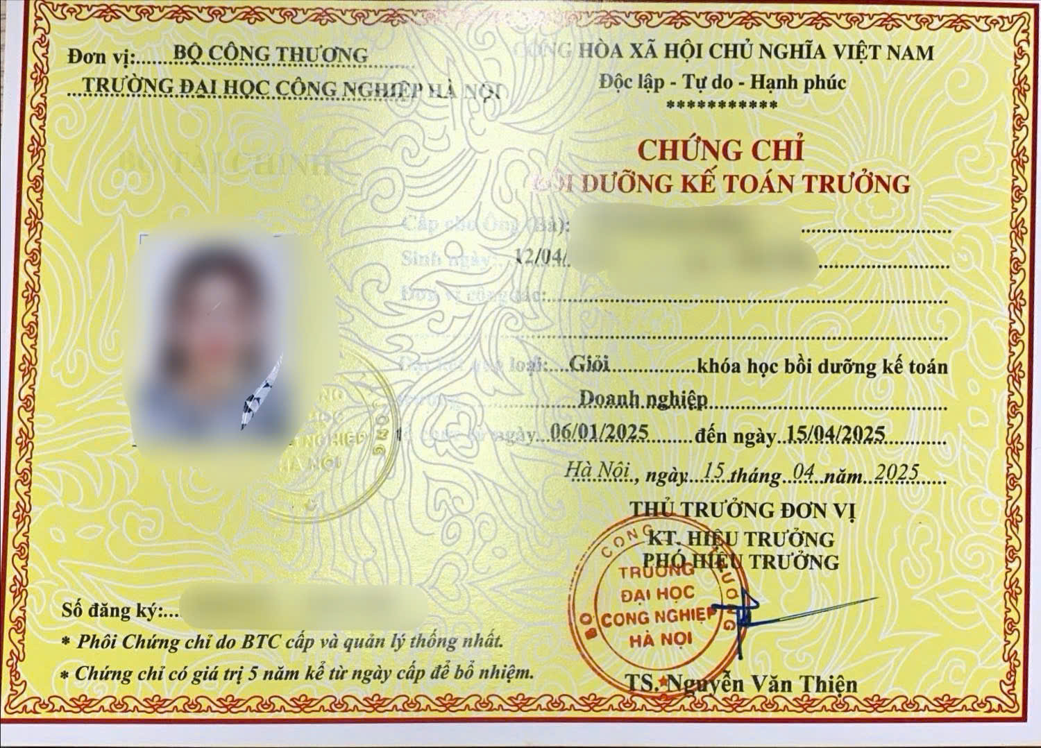 Mẫu chứng chỉ KẾ TOÁN TRƯỞNG DOANH NGHIỆP