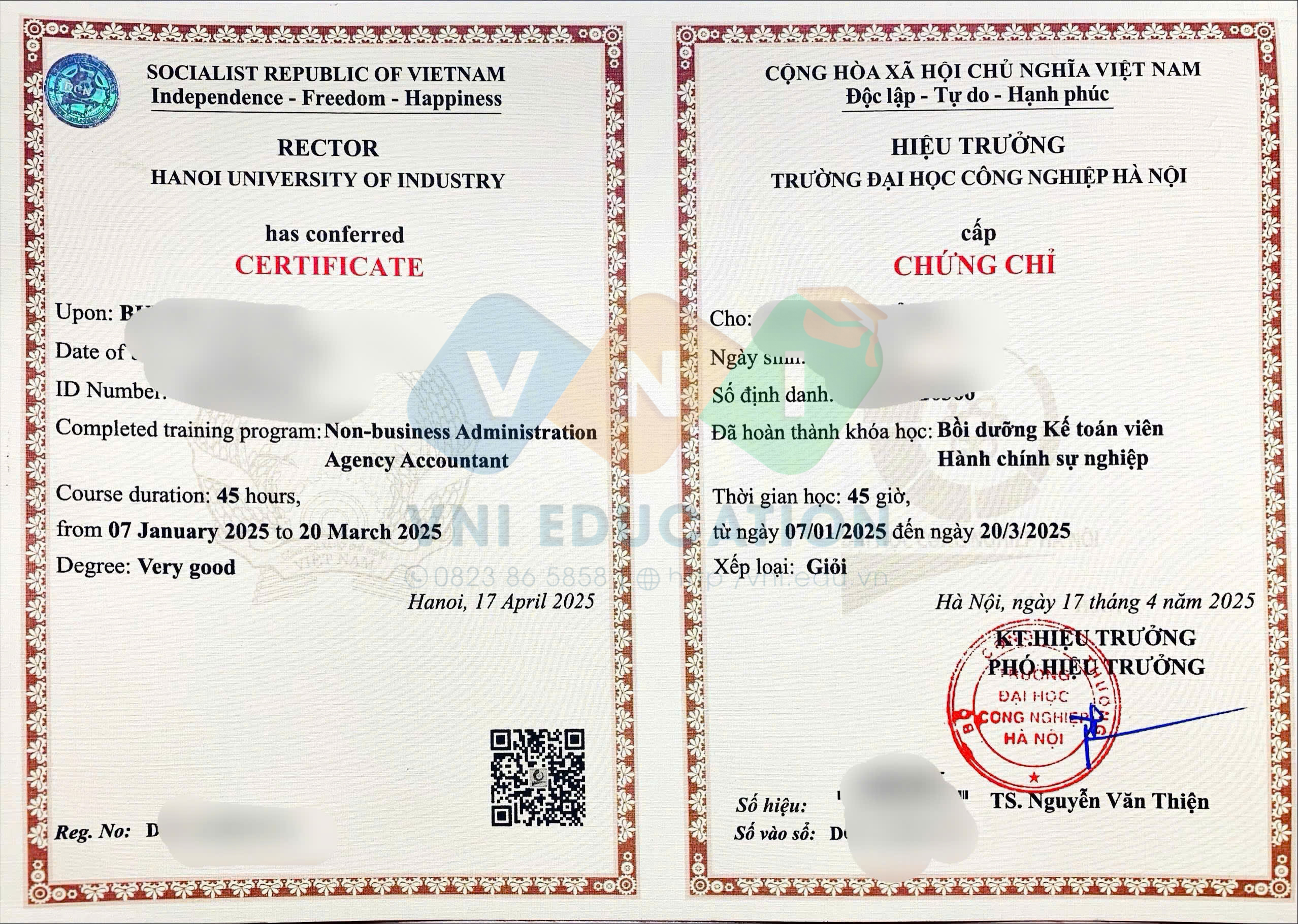 Mẫu chứng chỉ Bồi dưỡng Kế toán viên hành chính sự nghiệp