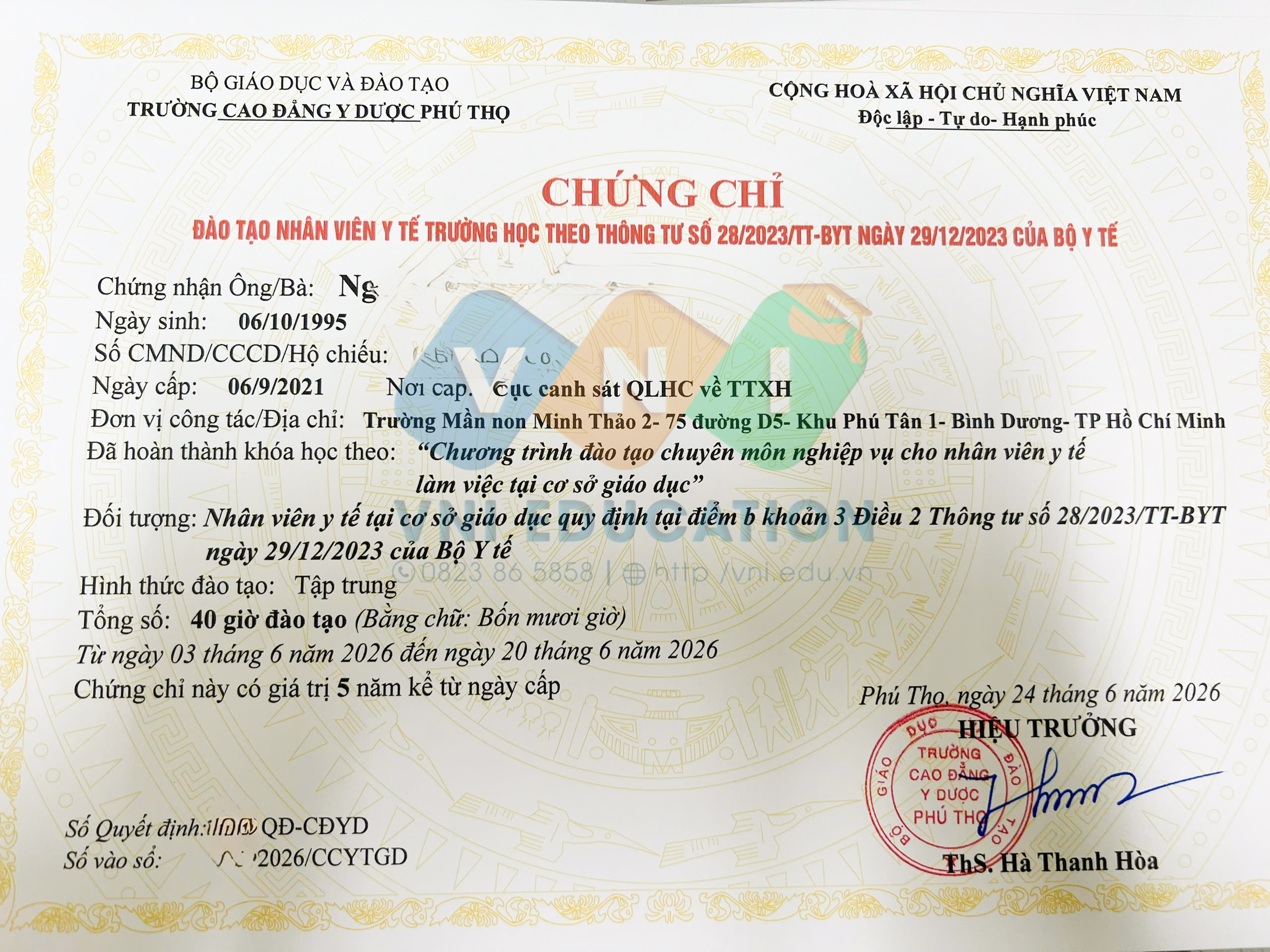 Mẫu chứng chỉ Đào tạo chuyên môn, nghiệp vụ cho nhân viên y tế trường học