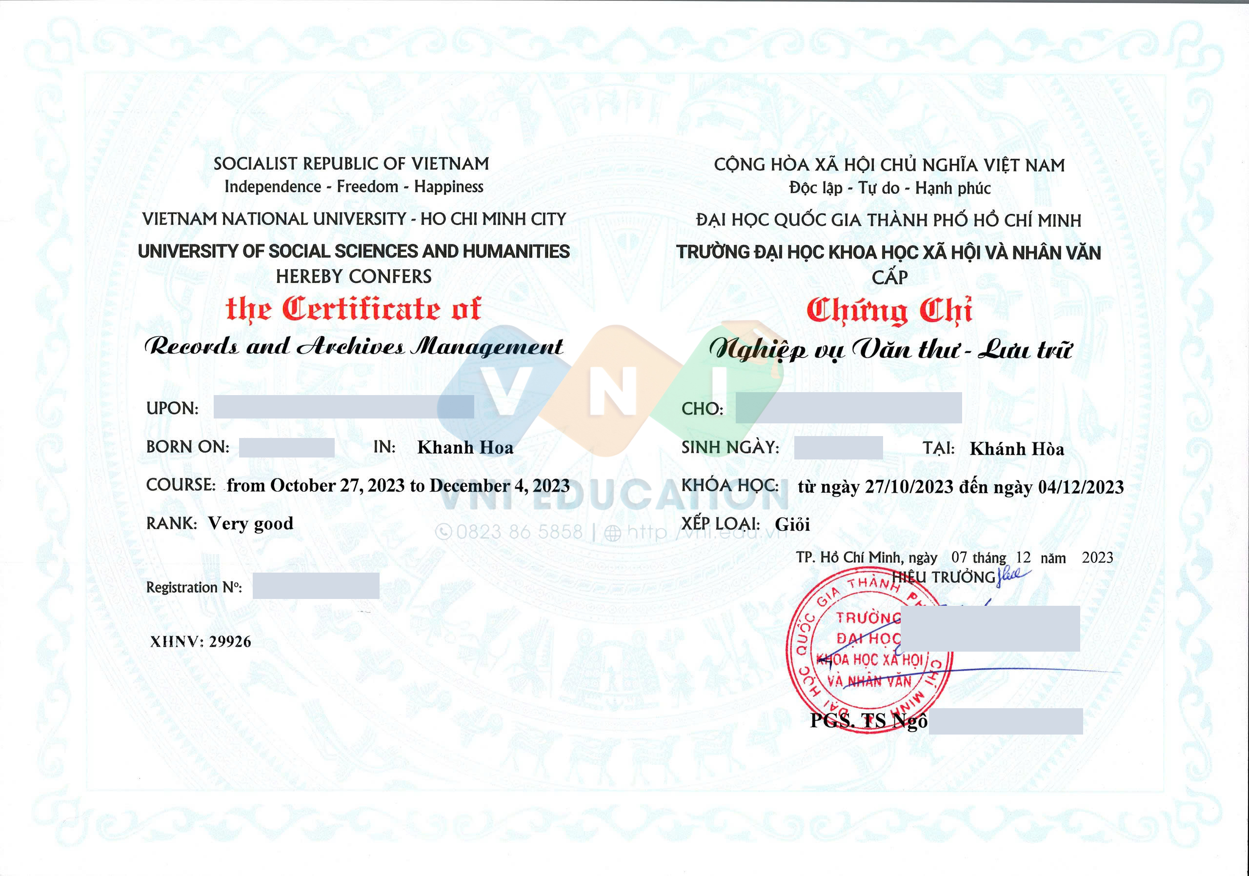 Mẫu chứng chỉ Nghiệp vụ Văn thư – Lưu trữ