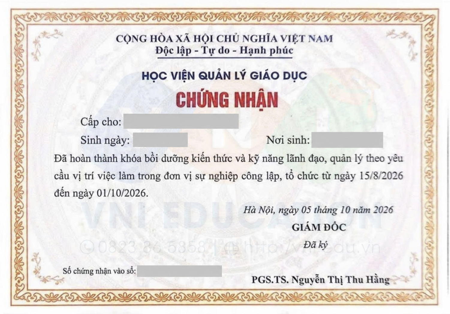 Mẫu chứng chỉ Bồi dưỡng kiến thức và kỹ năng lãnh đạo