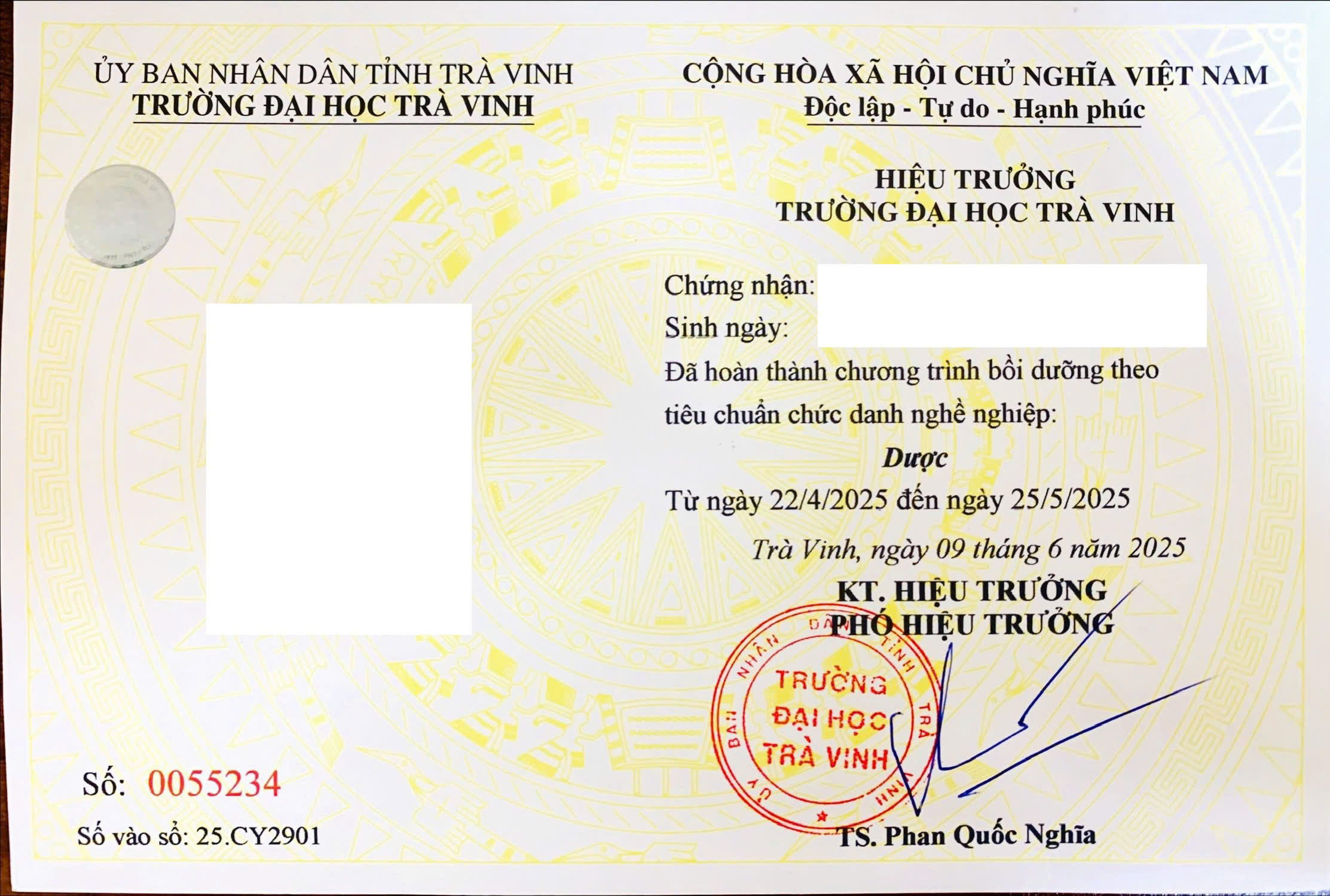 Mẫu chứng chỉ Bồi dưỡng theo tiêu chuẩn chức danh nghề nghiệp Y tế