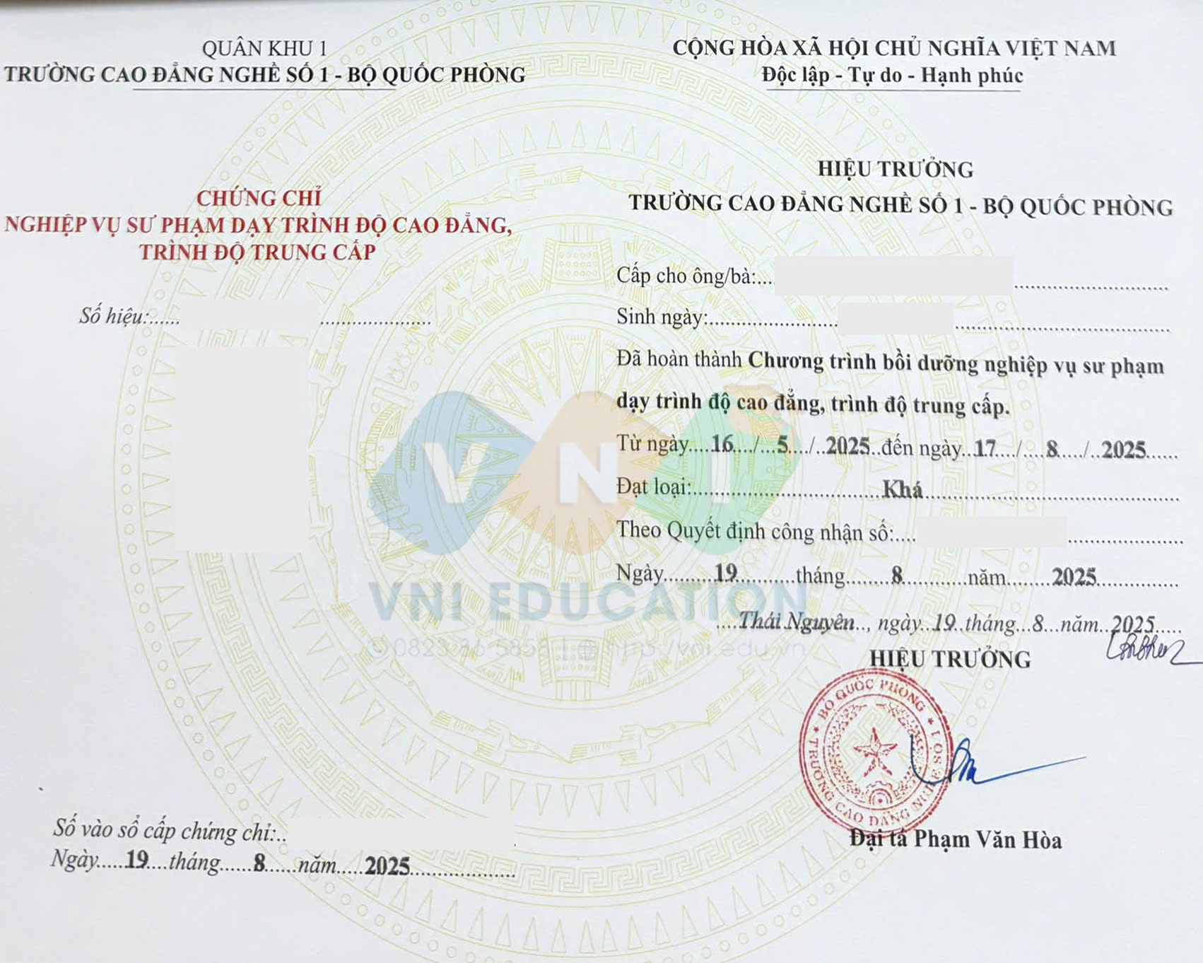 Mẫu chứng chỉ NVSP Dạy Nghề Trung Cấp/Cao đẳng
