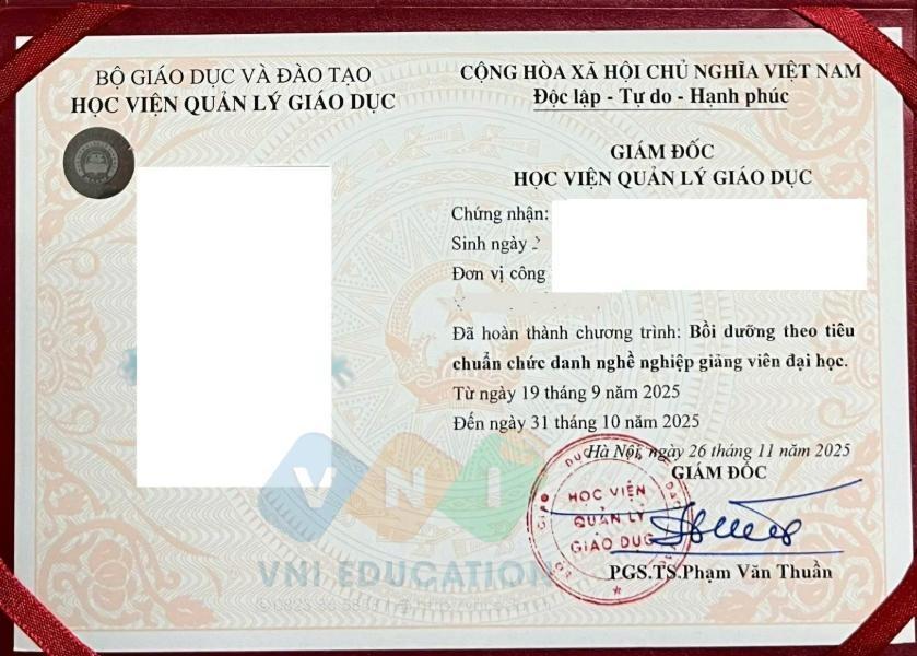 Mẫu chứng chỉ Bồi dưỡng theo tiêu chuẩn chức danh nghề nghiệp giảng viên đại học