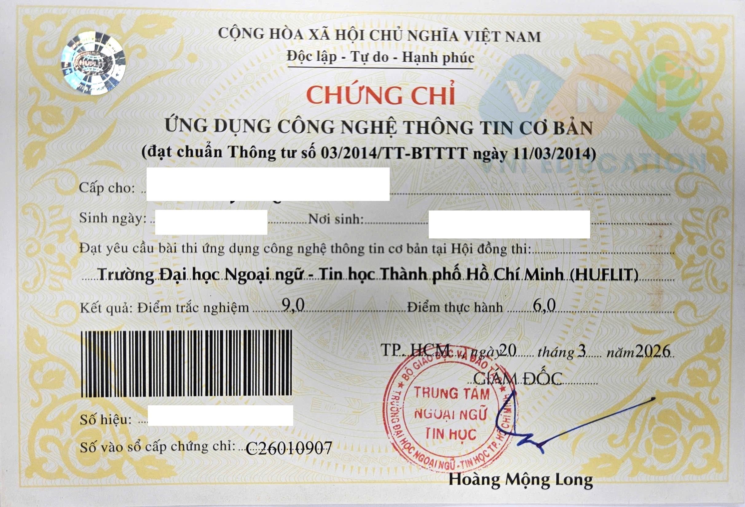 Mẫu chứng chỉ Ứng dụng Công nghệ thông tin cơ bản