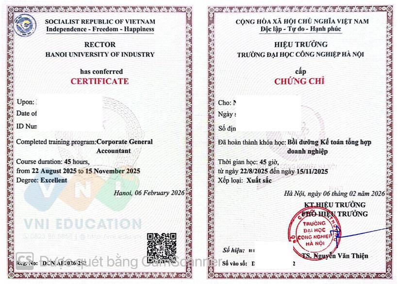 Mẫu chứng chỉ Bồi dưỡng Kế toán tổng hợp doanh nghiệp