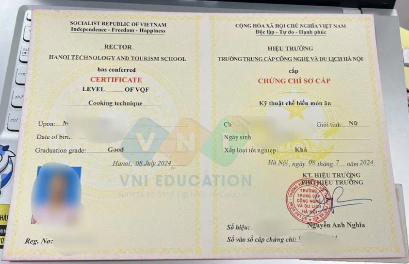 Mẫu chứng chỉ Sơ cấp Kỹ thuật chế biến món ăn