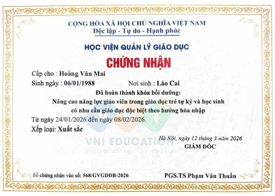 Mẫu chứng chỉ Bồi dưỡng nâng cao năng lực giáo viên trong giáo dục trẻ tự kỷ và học sinh có nhu cầu giáo dục đặc biệt theo hướng hòa nhập