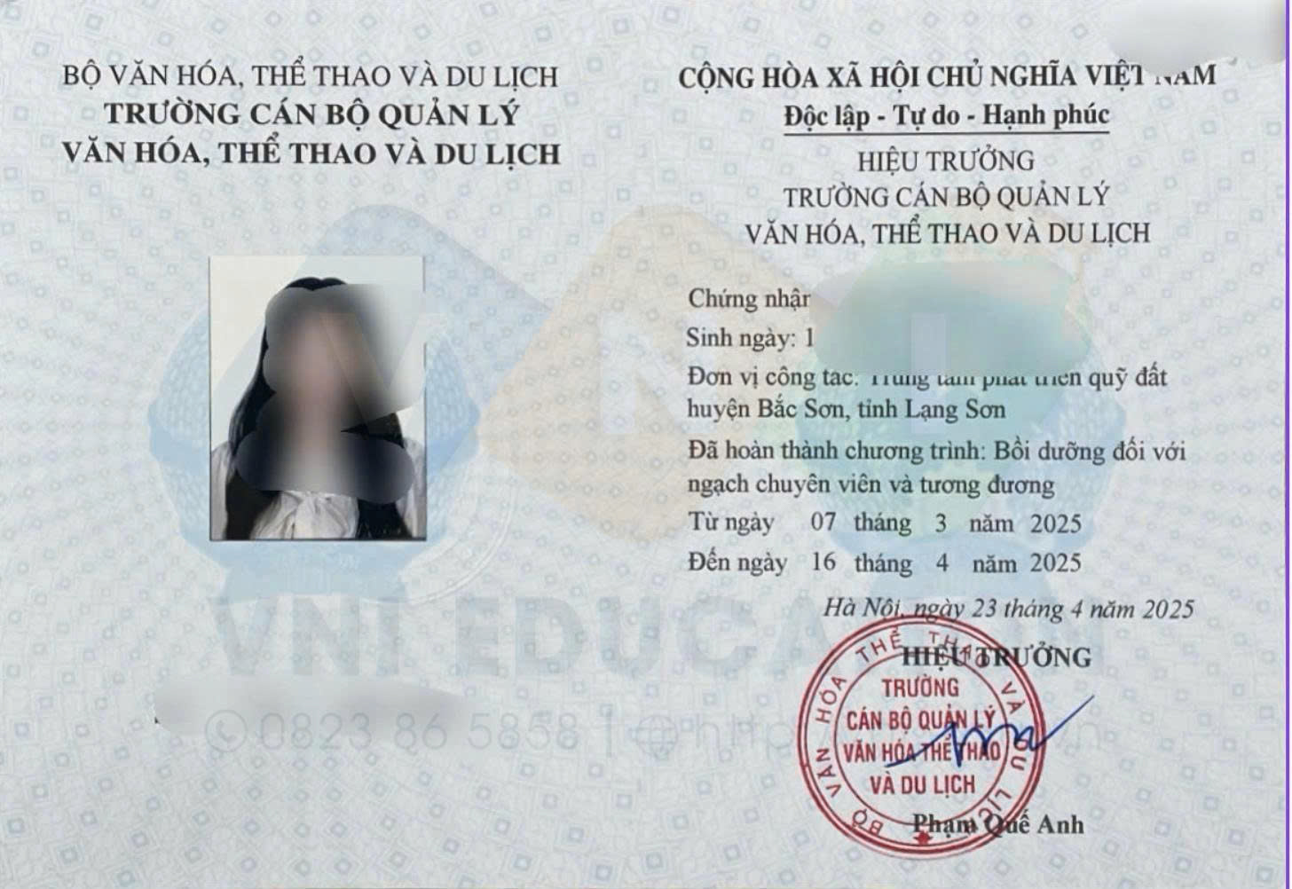 Mẫu chứng chỉ Bồi dưỡng đối với ngạch chuyên viên và tương đương