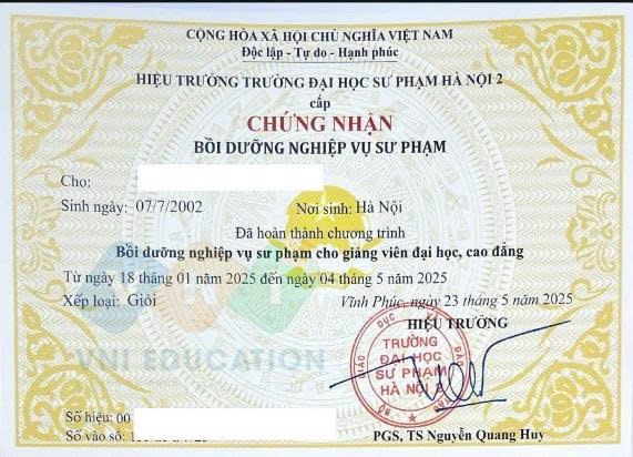 Mẫu chứng chỉ Bồi dưỡng NVSP cho giảng viên đại học, cao đẳng
