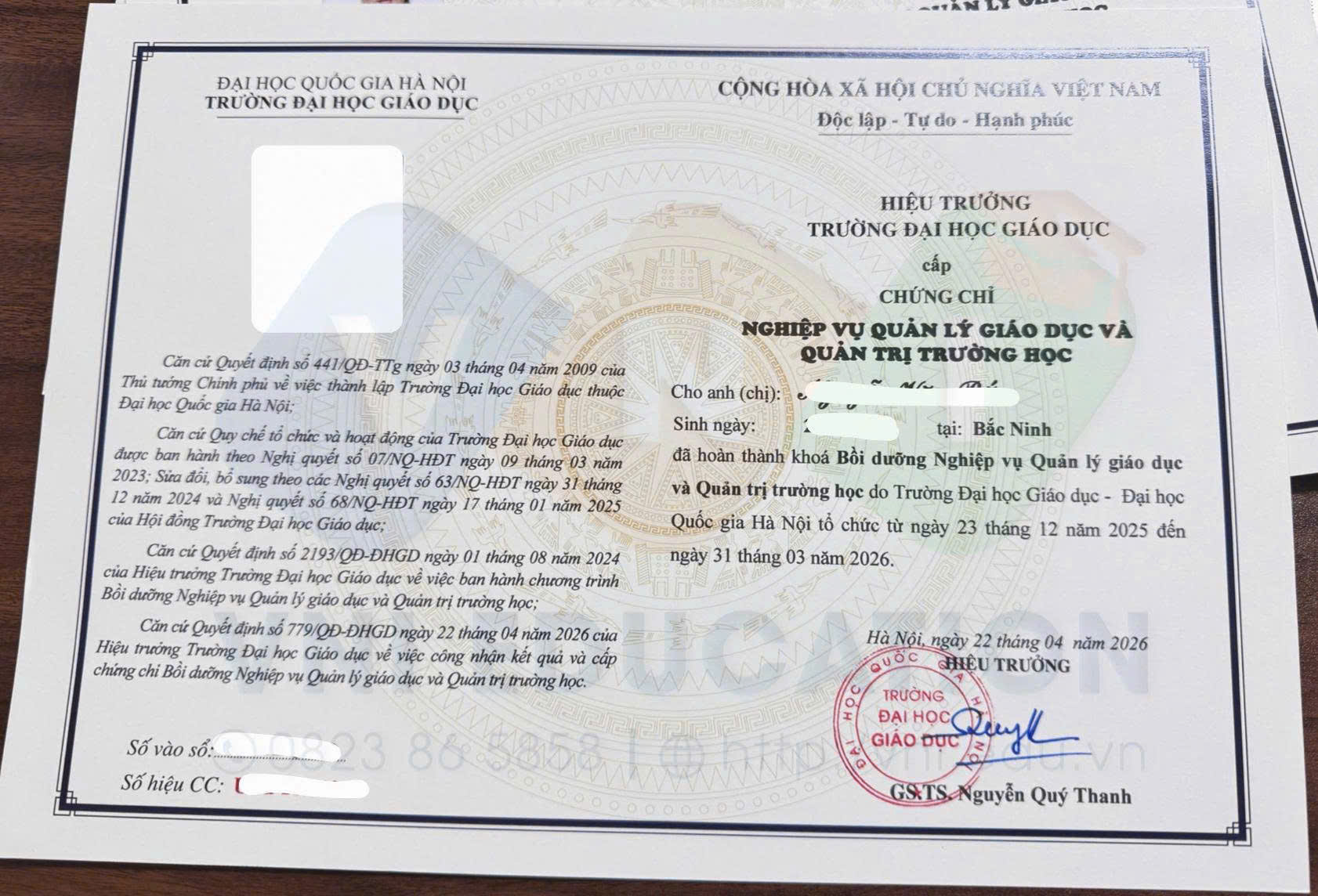 Mẫu chứng chỉ Bồi dưỡng nghiệp vụ Quản lý giáo dục và Quản trị trường học