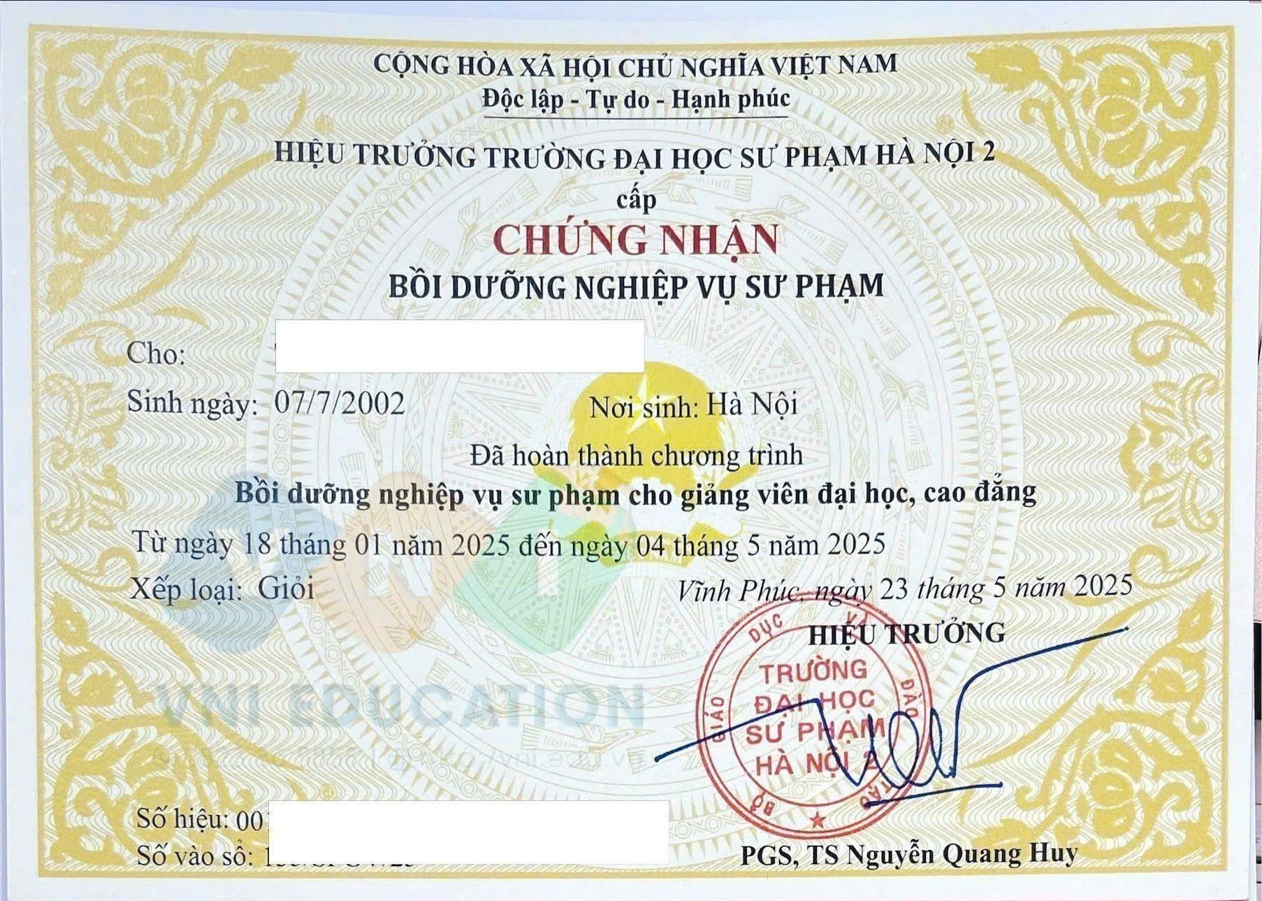 Mẫu chứng chỉ Bồi dưỡng Nghiệp vụ sư phạm cho giảng viên đại học, cao đẳng