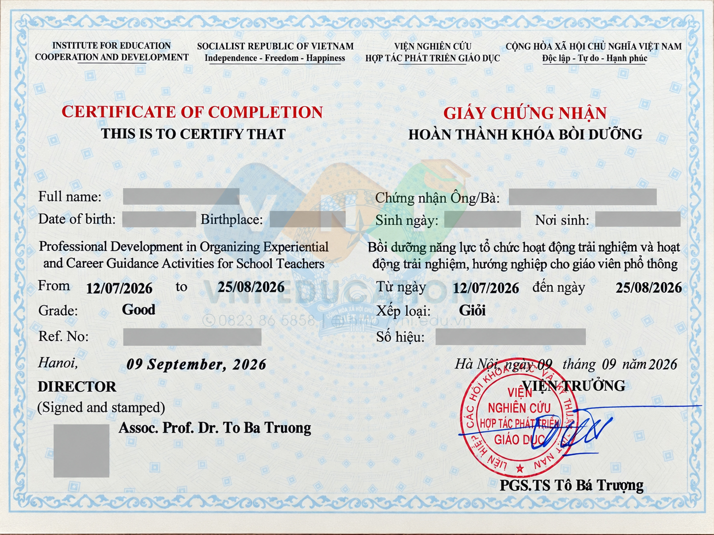Mẫu chứng chỉ Bồi dưỡng tổ chức hoạt động trải nghiệm hướng nghiệp THPT