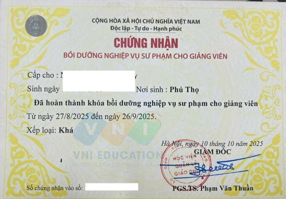 Mẫu chứng chỉ Bồi dưỡng Nghiệp vụ sư phạm cho giảng viên