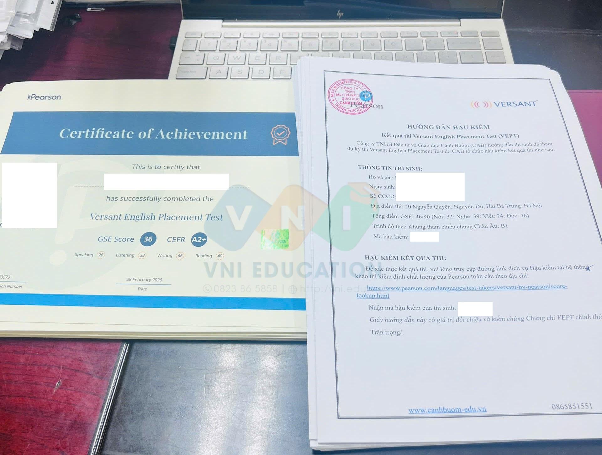 Mẫu chứng chỉ B1 Versant English Placement Test (VEPT)