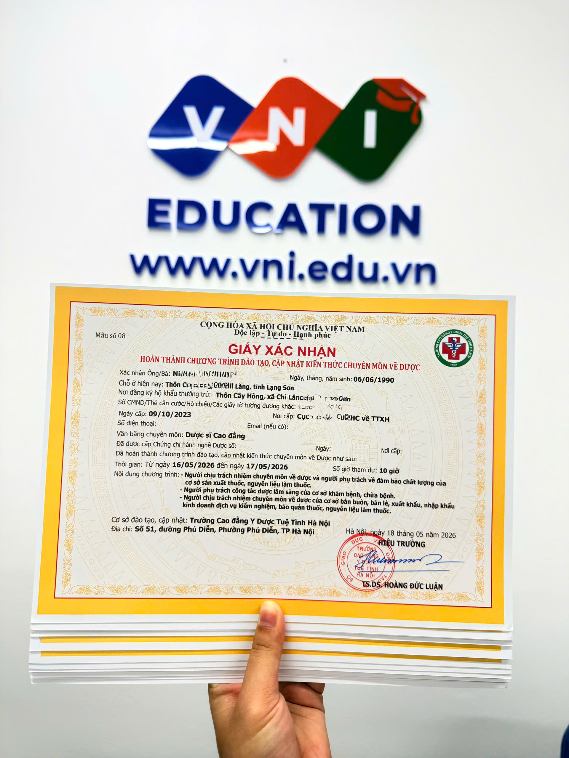 Mẫu chứng chỉ Đào tạo, cập nhật kiến thức chuyên môn về Dược
