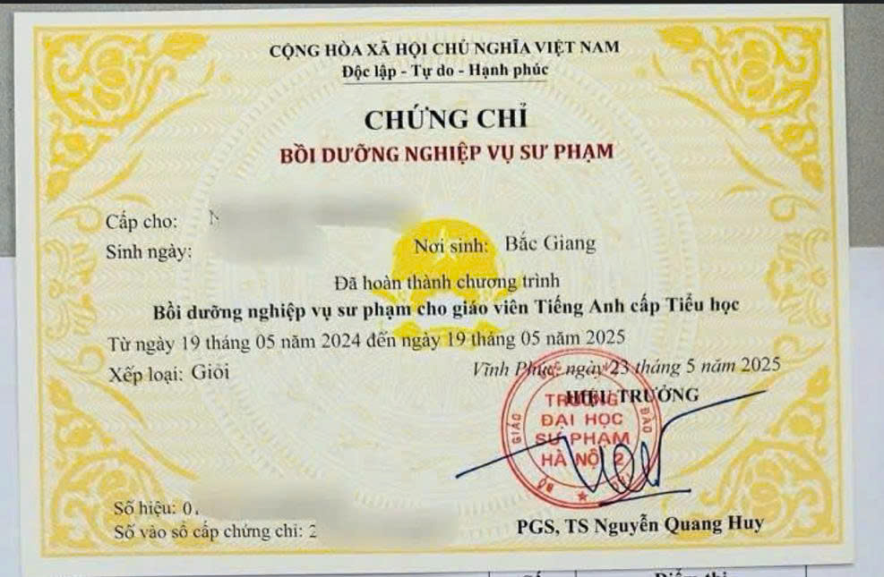 Mẫu chứng chỉ Nghiệp vụ sư phạm giáo viên tiểu học – Trường Đại học Sư phạm Hà Nội 2