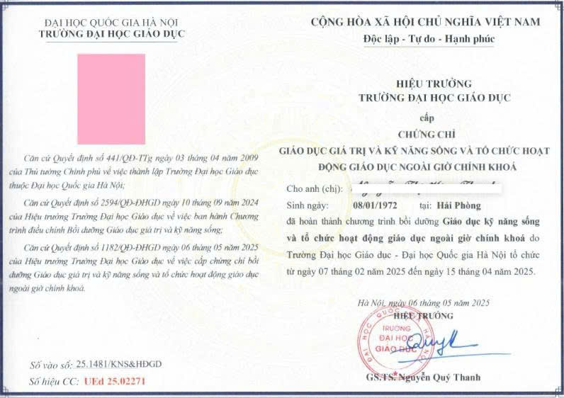 Mẫu chứng chỉ Giáo dục giá trị và kỹ năng sống và tổ chức hoạt động giáo dục ngoài giờ chính khóa