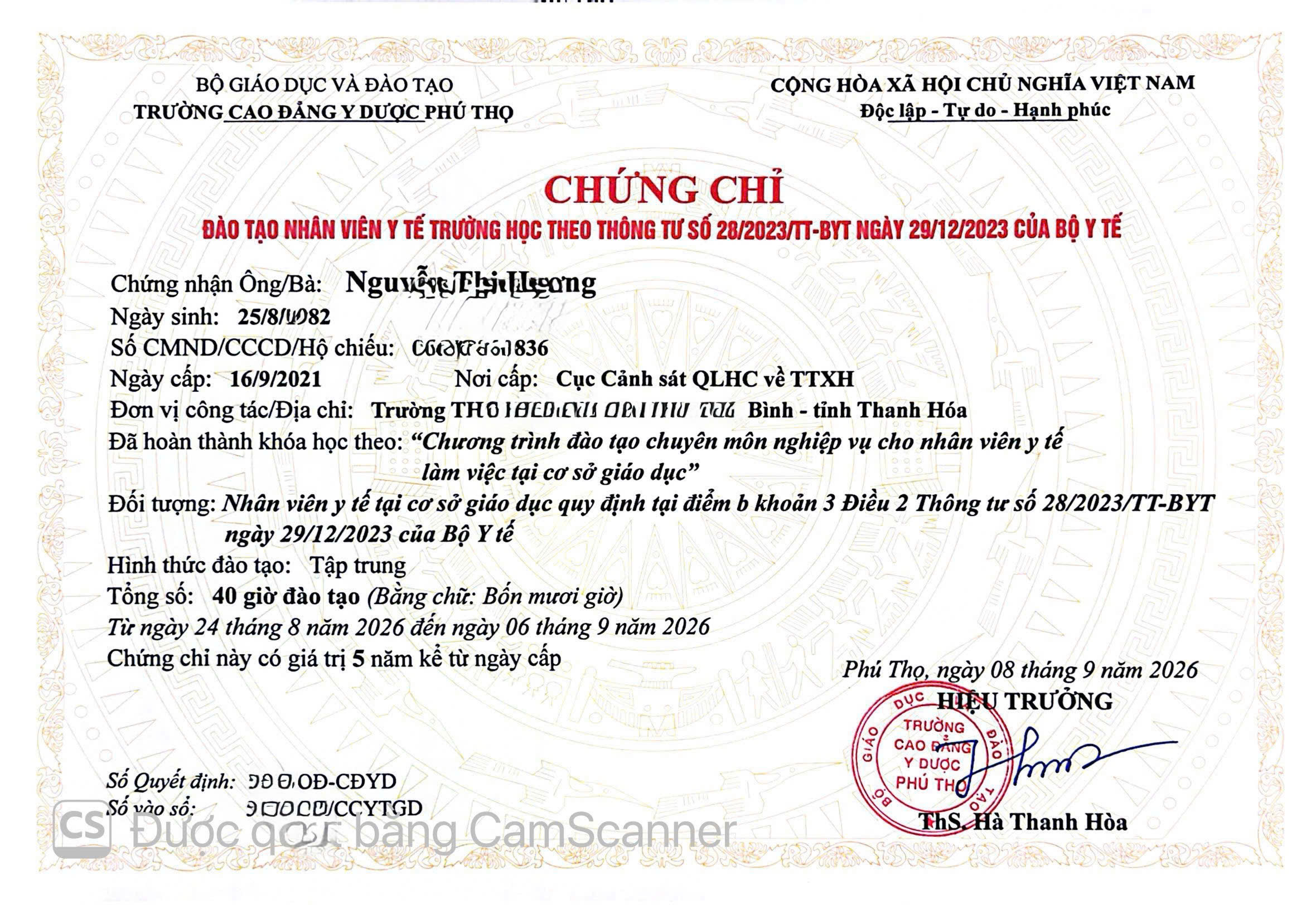 Mẫu chứng chỉ Đào tạo chuyên môn, nghiệp vụ đối với nhân viên y tế tại cơ sở giáo dục