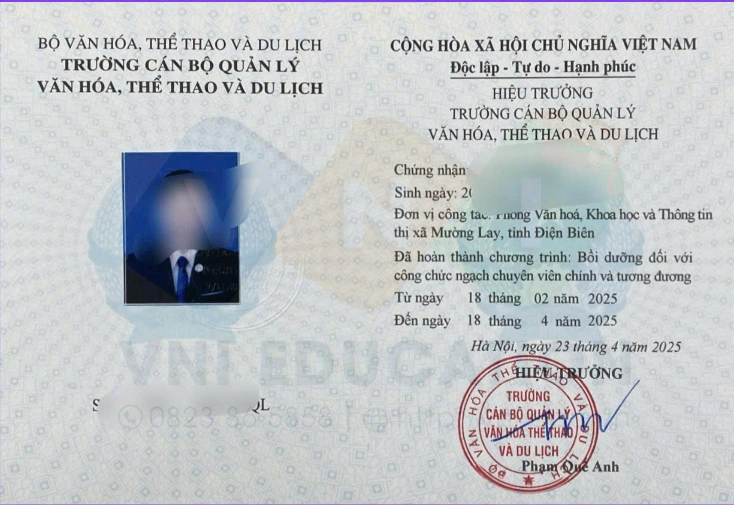 Mẫu chứng chỉ Bồi dưỡng đối với công chức ngạch chuyên viên chính và tương đương