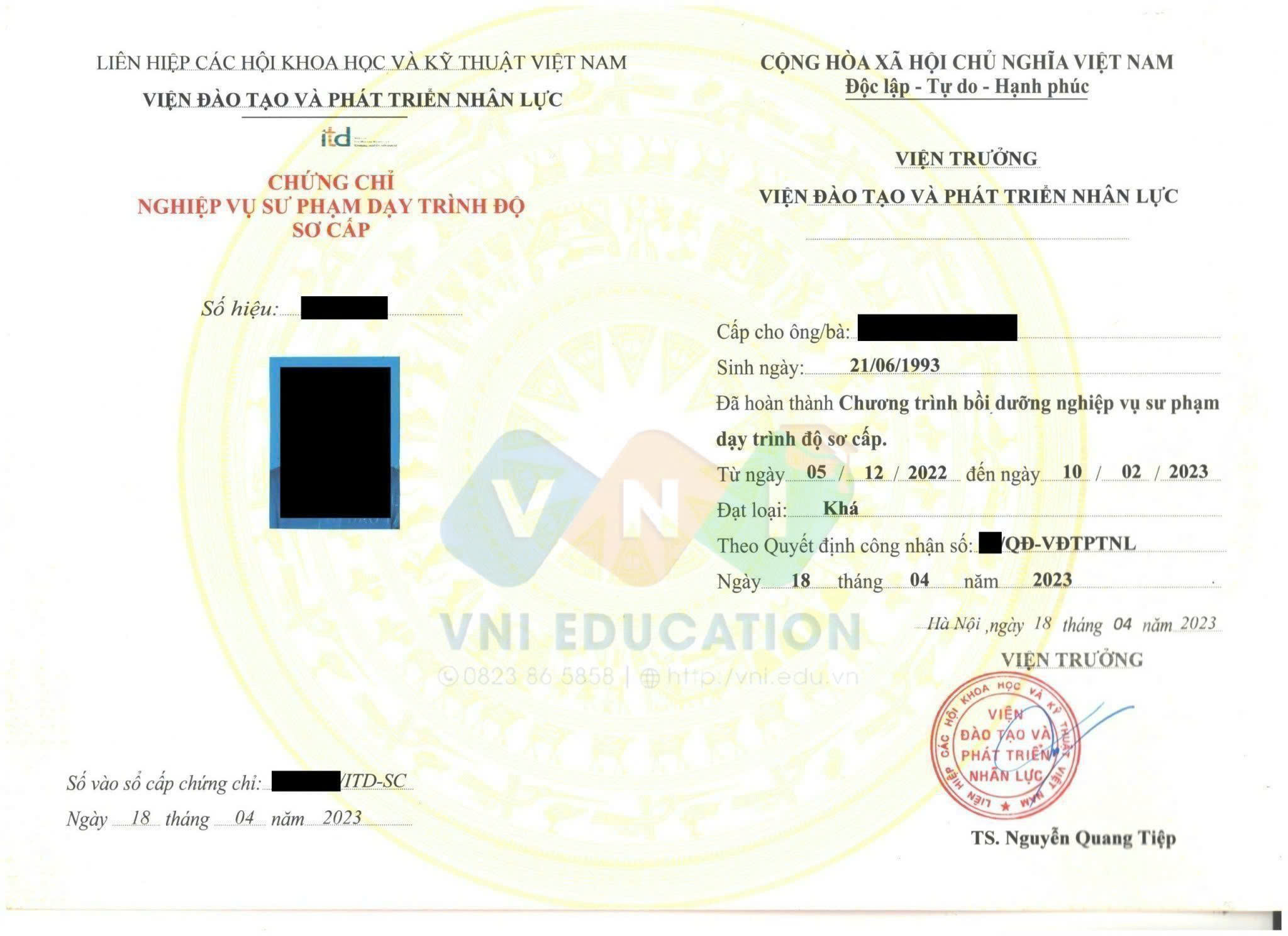 Mẫu chứng chỉ Bồi dưỡng Nghiệp vụ sư phạm dạy trình độ Sơ cấp, Trung cấp – Cao đẳng