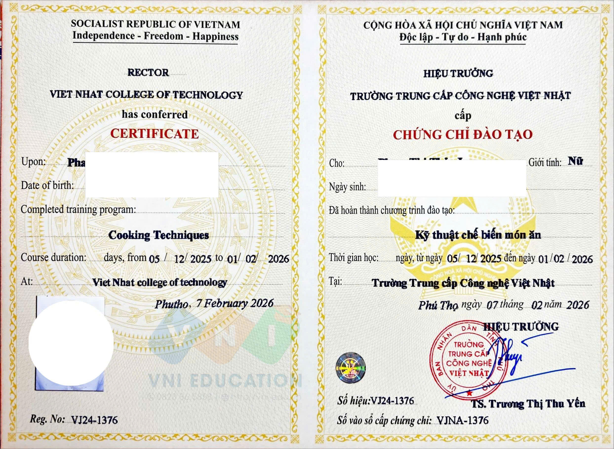 Mẫu chứng chỉ Kỹ thuật chế biến món ăn
