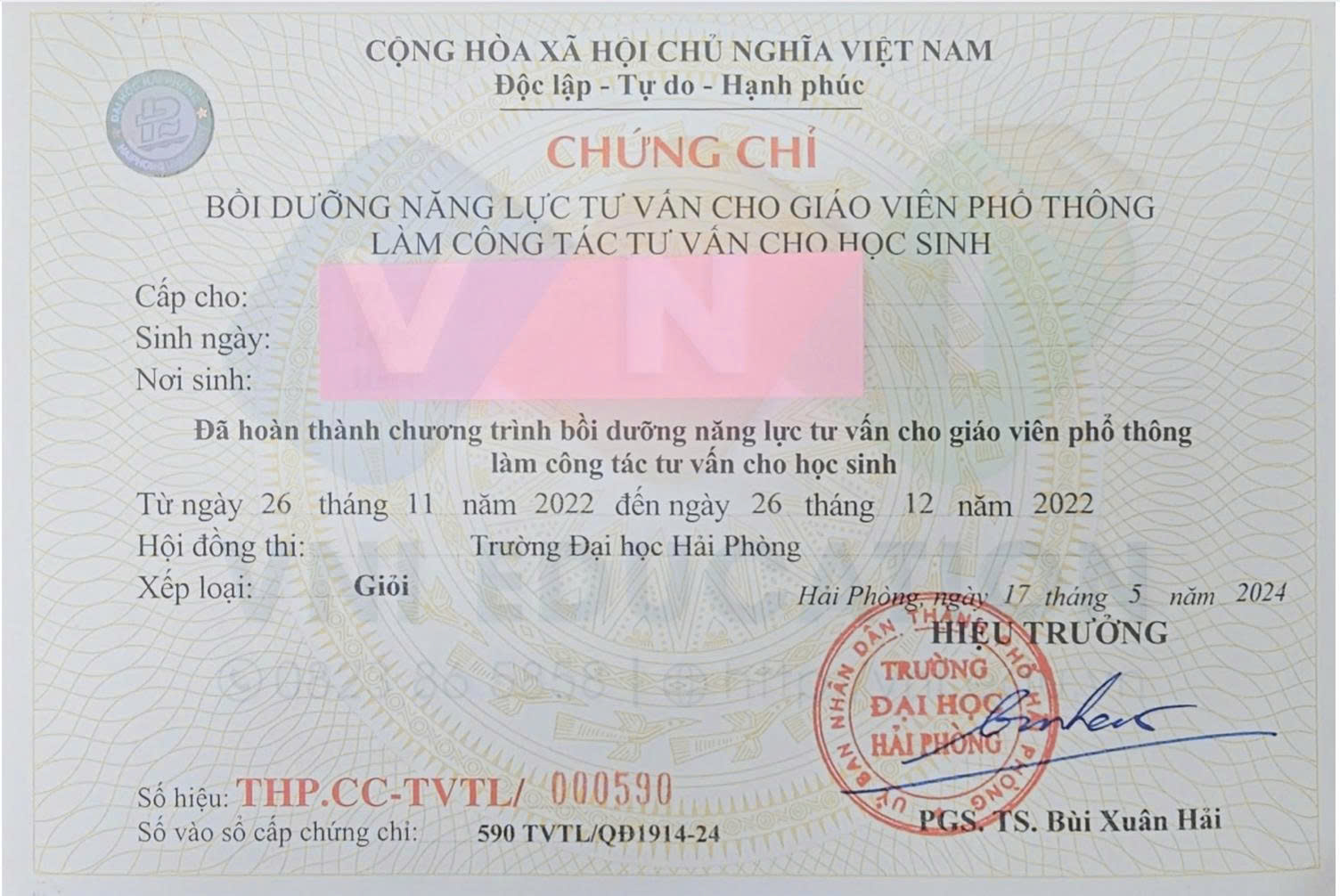 Mẫu chứng chỉ Bồi dưỡng năng lực tư vấn cho giáo viên phổ thông
