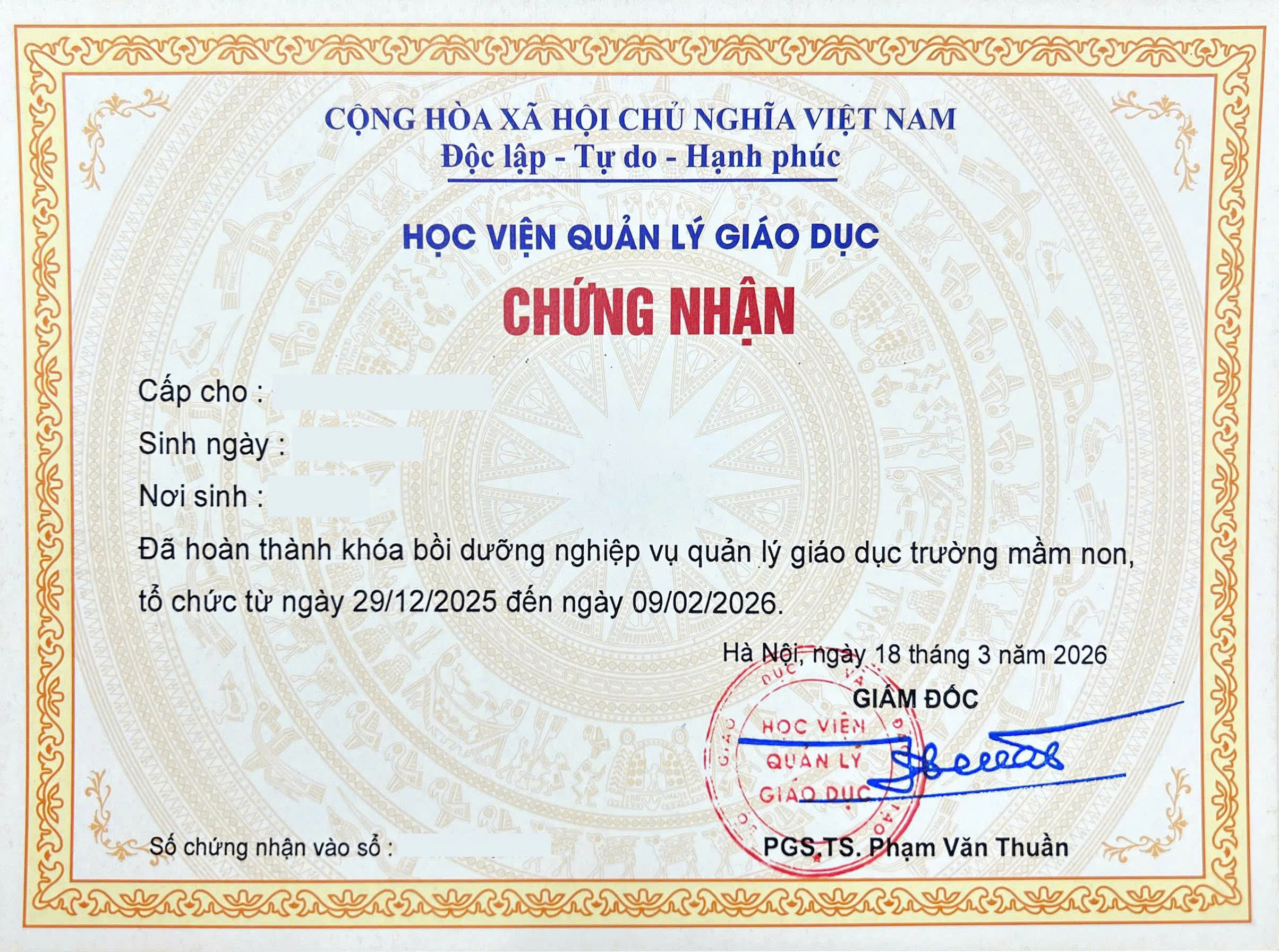 Mẫu chứng chỉ Bồi dưỡng nghiệp vụ quản lý giáo dục trường mầm non, phổ thông